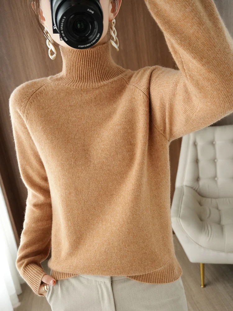 Fashion Basic Autumn Winter Merino Wool Sweater Mock Neck Cashmere Pullover Solid Color Soft Long Sleeve Basic Clothing Tops