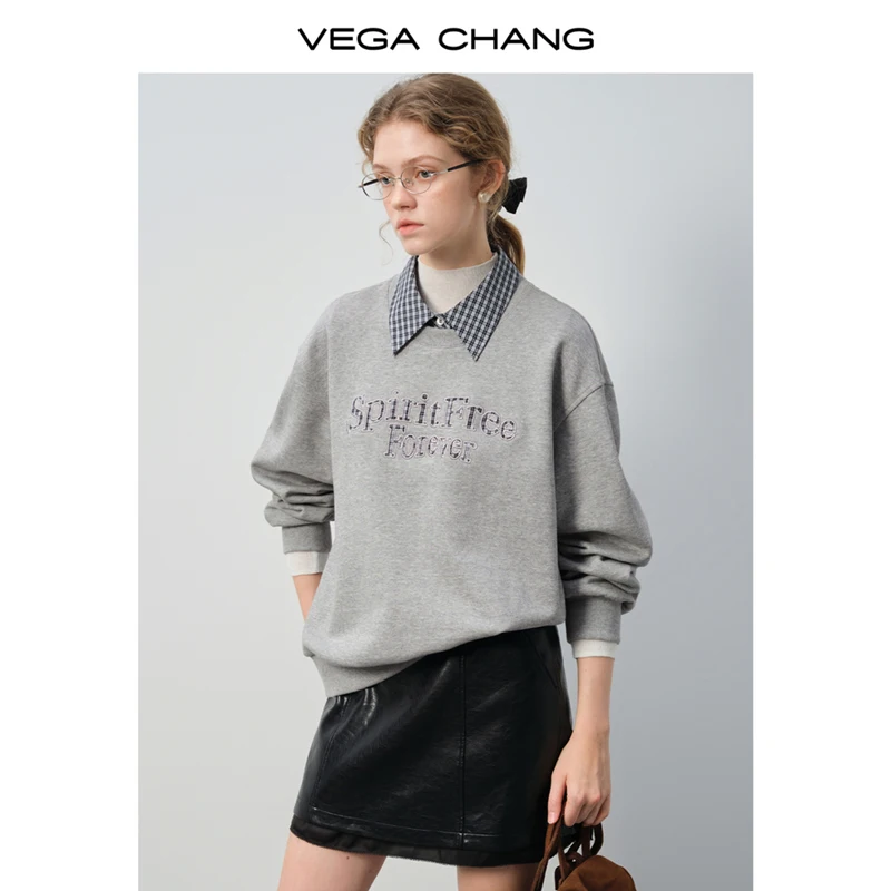 سويت شيرت نسائي شتوي جديد بياقة منقوشة على الطراز الكوري من Vega Chang