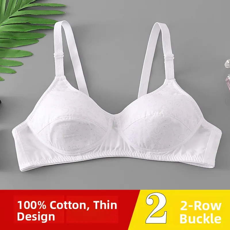 Pure Cotton No Sponge Thin Two Row Buttons Mom's Underwear Breathable Mid-aged Women's Bra No Steel Ring Small Chest U-Shape