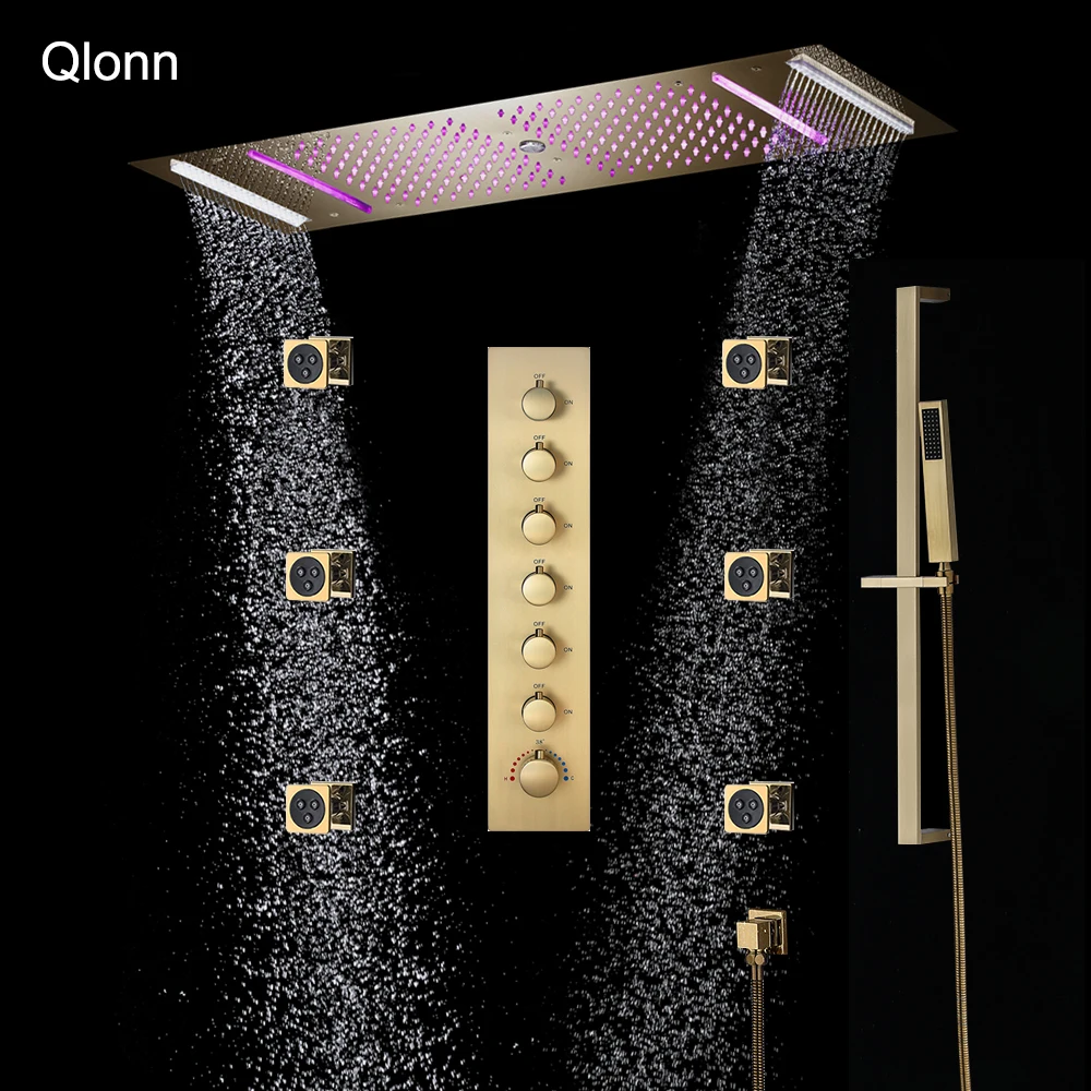 

Qlonn 35×12 Inch Hotel Style Couple Shower Faucet Set Concealed Thermostatic Mixer LED Music Rain Shower System Body Massage Jet