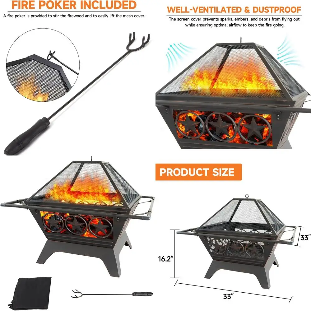 

Большой металлический очаг для костра площадью 33 кв. м с сетчатой крышкой, кочергой и водонепроницаемым чехлом