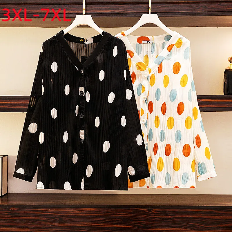 

New 2022 Ladies Summer Plus Size Tops For Women Large Size Blouse Long Sleeve Loose Dot Sunscreen Shirt 3XL 4XL 5XL 6XL 7XL