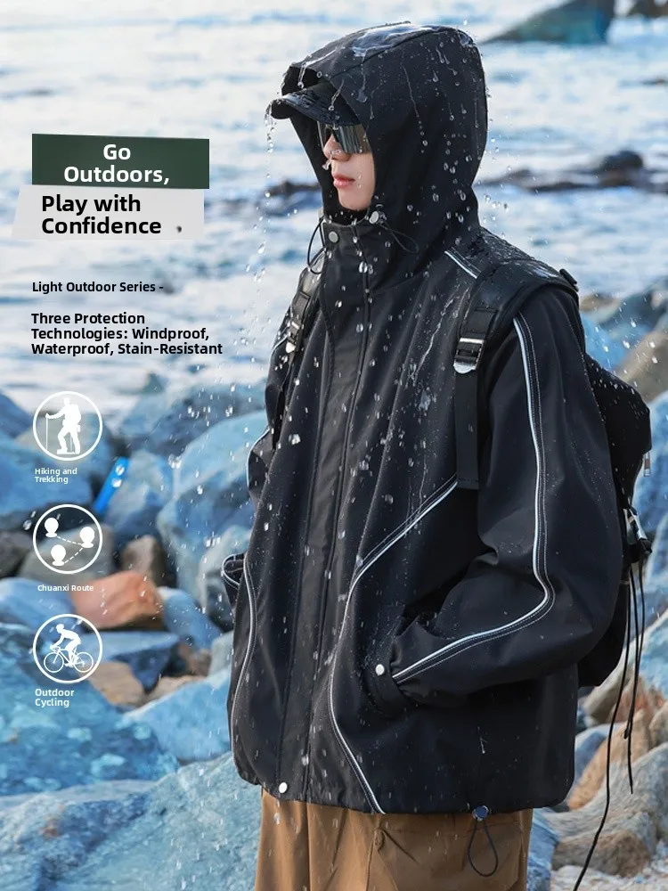 

Men's Outdoor Climbing Jaet Windproof Waterproof Tee-Resistant Spring Autumn New Sle Polyester Fabric Hooded Zipper Clo...