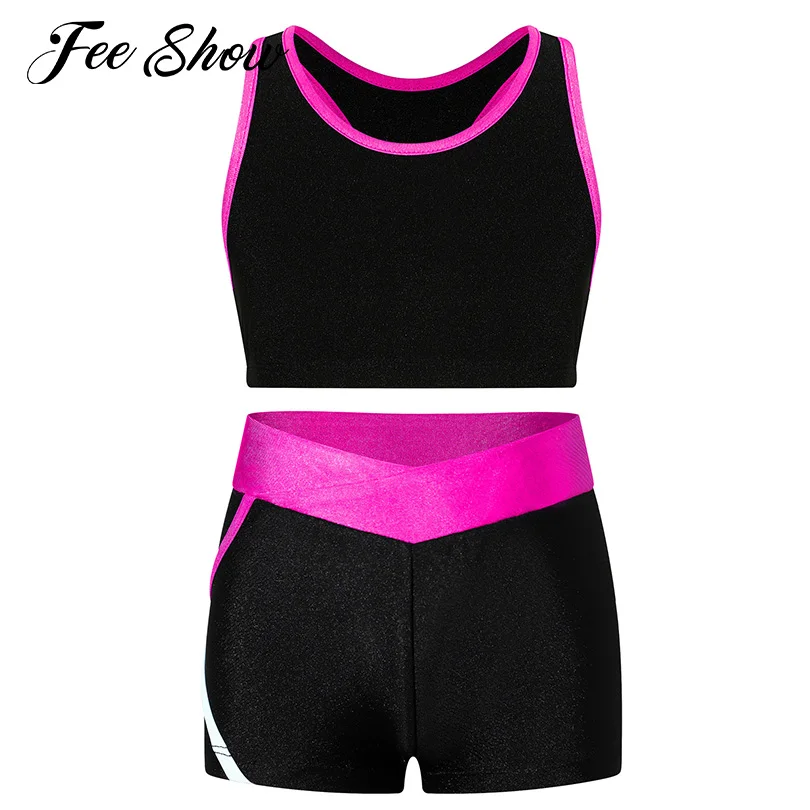 

#6-16 Years Kids Girls Racer Back Running Set Outfits Sleeveless Crop Tops with Low Waist Shorts for Swimming Fitness Sportswear