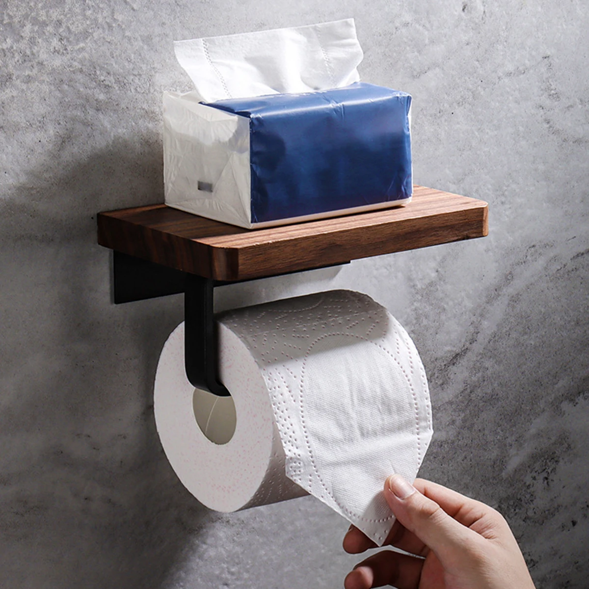 Toilet Paper Holder with Natural Walnut Wooden Shelf Tissue Roll Hanger Wall Mounted Paper Towel Bar 304 Stainless Steel Paper