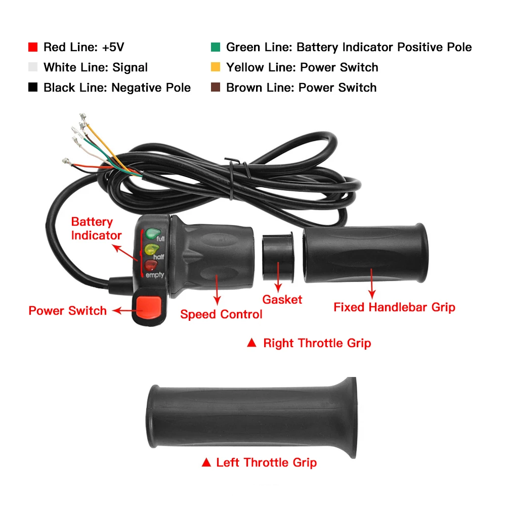 مقبض دواسة خنق ملتوية من Ebike ، دراجة كهربائية يميني ويسار ، قبضة مقود مع مؤشر بطارية ، مفتاح طاقة ، 36 فولت ، 48 فولت