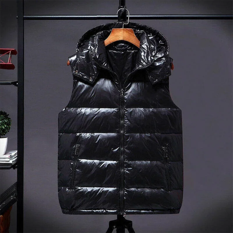 Winter Down Jacket Vest Men Women\'s Fashion Shiny Light-weight White Duck Down Warm Jacket Casual Removable Cap Waterproof Coat