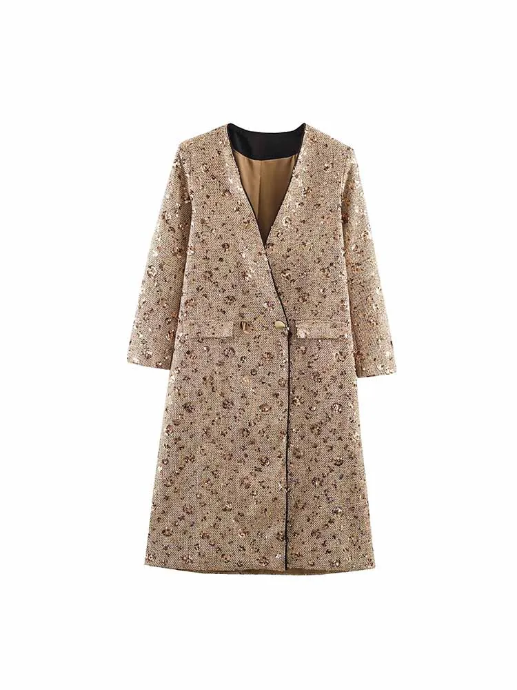 

European and American style women's winter new fashionable and elegant mid-length sequined tweed coat