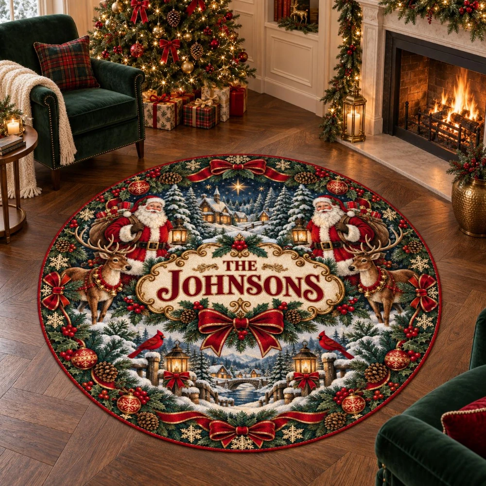 Traditional Xmas Poinsettia Round Carpet Pine Needle Holly Berry Print Area Mat Elegant Home Entryway Welcome Floor Rug