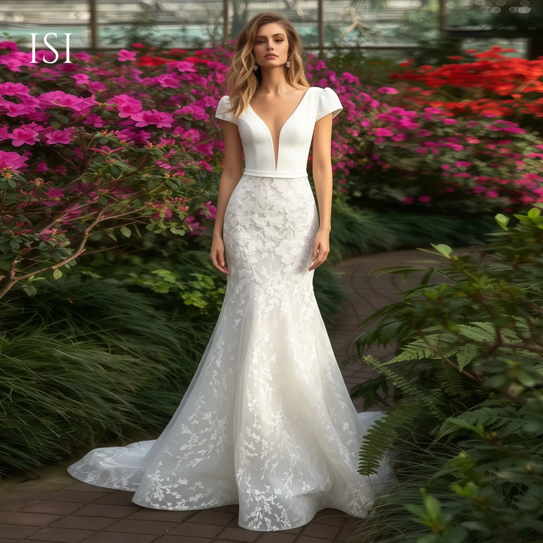 ISI Mermaid Lace Wedding Dress Cap Sleeve Deep V Neckline Floral Applique Satin Train Bridal Gown Customized Vestido De Novia