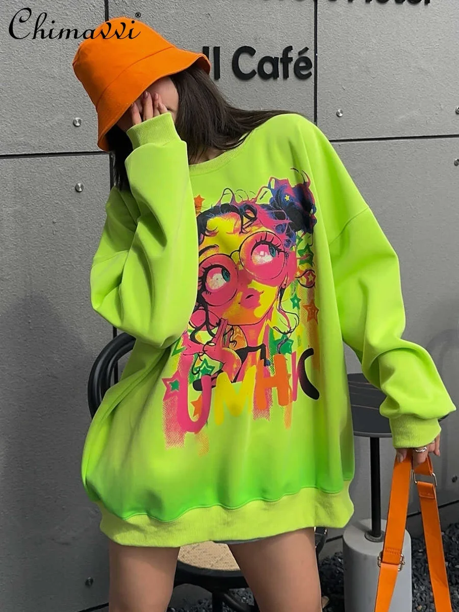 

Oversized Women's Loose Pullover Sweatershirt Top 2024 Autumn New Fashion Cartoon Slimming Printed Long Sleeve Crew Neck Hoodies