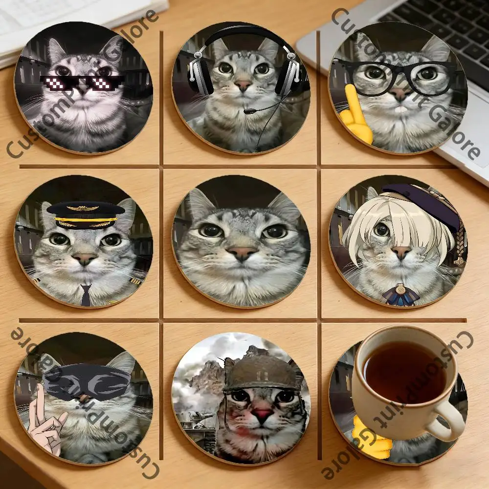 

Stare Cat Memes Natural Pine Wood Round Coasters Non-Slip Heat-Resistant Cup Mats for Coffee Drinks