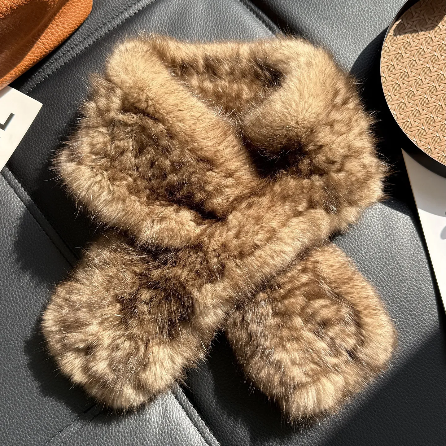 Echter Natürlicher Kaninchenfell-Strickschal für Damen, Herbst-Winter, Doppelseitig, Dick, Warm, Nackenwärmer, Zobelfarbenes Fellkragen-Schal – Detail 6