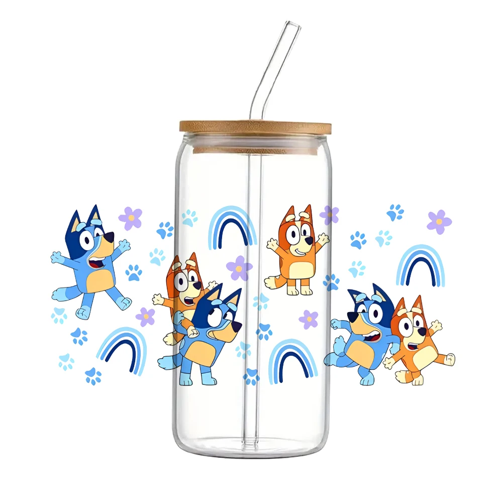 Blue Christmas  dog For Libbey 16oz Can Glass 3D Waterproof UV DTF Coffee Can Wrap Libbey Glass Wrap