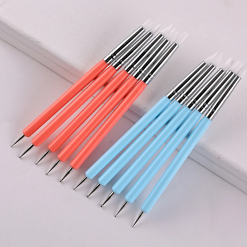 Sweet-Z 5Pcs/Set 2 Ways Nail Art Dotting Pen Silicone Swirl Wood Marbleizing Steel Rhinestones Pickup Pen Manicure Tools