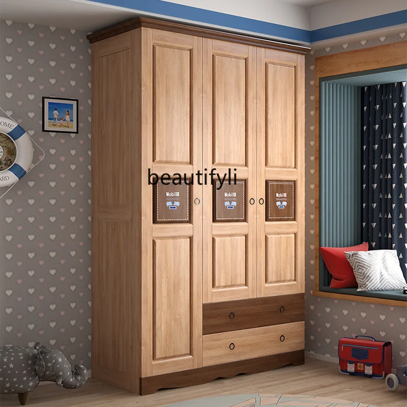 American Youth Wood Wax Oil Solid Wood Wardrobe 3 Door Cabinet Boy Wardrobe Home Storage Cabinet