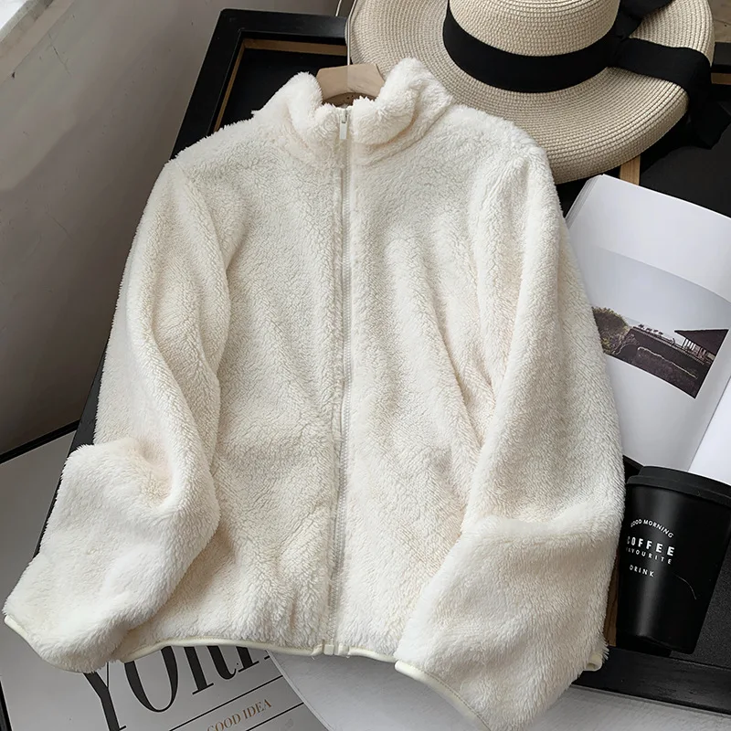 2023 New Women Autumn Warm Fleece Coat Solid Color Women Velvet Jacket Coat Fax Fur Stand Collar Women Coat Casaco Feminino