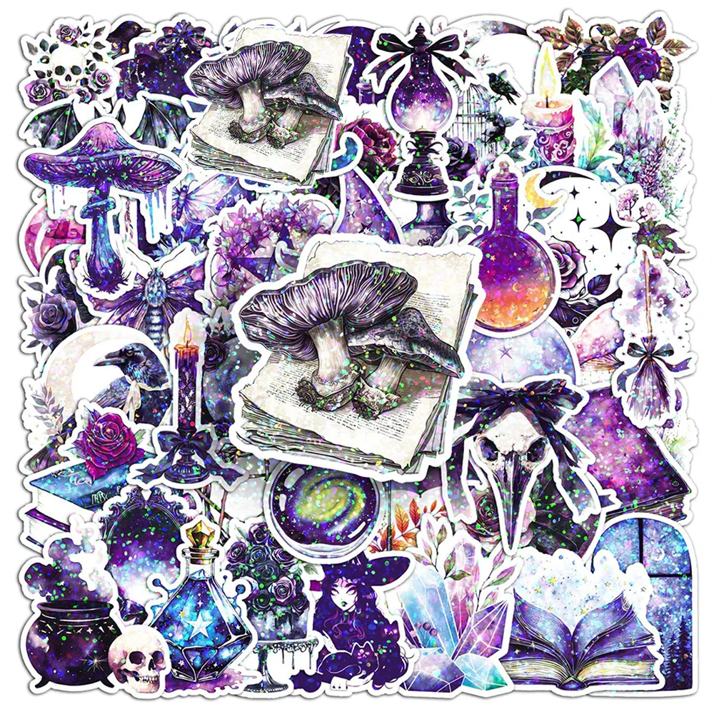 10/30/50 Stück Lila Laser-Zauber-Hexen-Aufkleber Ästhetische Gothic-Totenkopf-Cartoon-Sticker DIY Skateboard Handy Notizbuch Coole Aufkleber Spielzeug