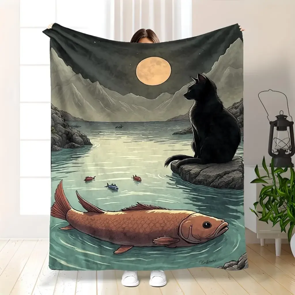 Mystical Moonlit Night Ocean Scene Black Cat and Fish Art Throw Blanket Cozy Decor