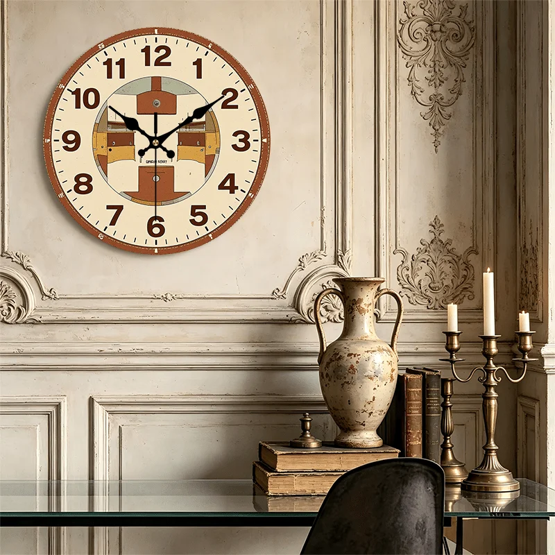 2D Flat. 1pc, Wooden Wall Clock, Retro Style, Mid-Illustration Art Clock Face Design Silent Round Clock, Perfect Decor for Bedroom, Living Room, Office, Kitchen And Bathroom, 8, 10, 12, 35.56 cm (AA Battery Not Included)