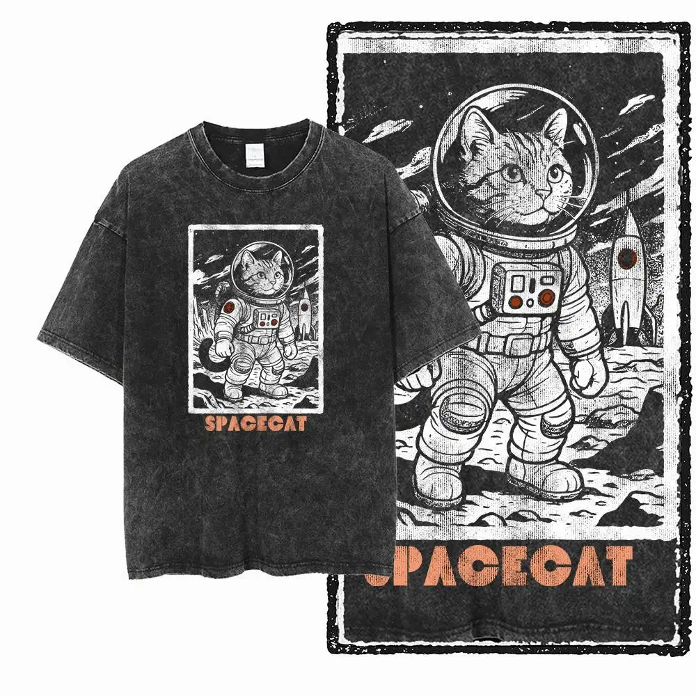 2025 Summer G54 Acid Washed Black Big Size Cat Graphic Men 100% Pure Cotton Printed Washed T-shirt Streetwear Cool Vintage Y2K