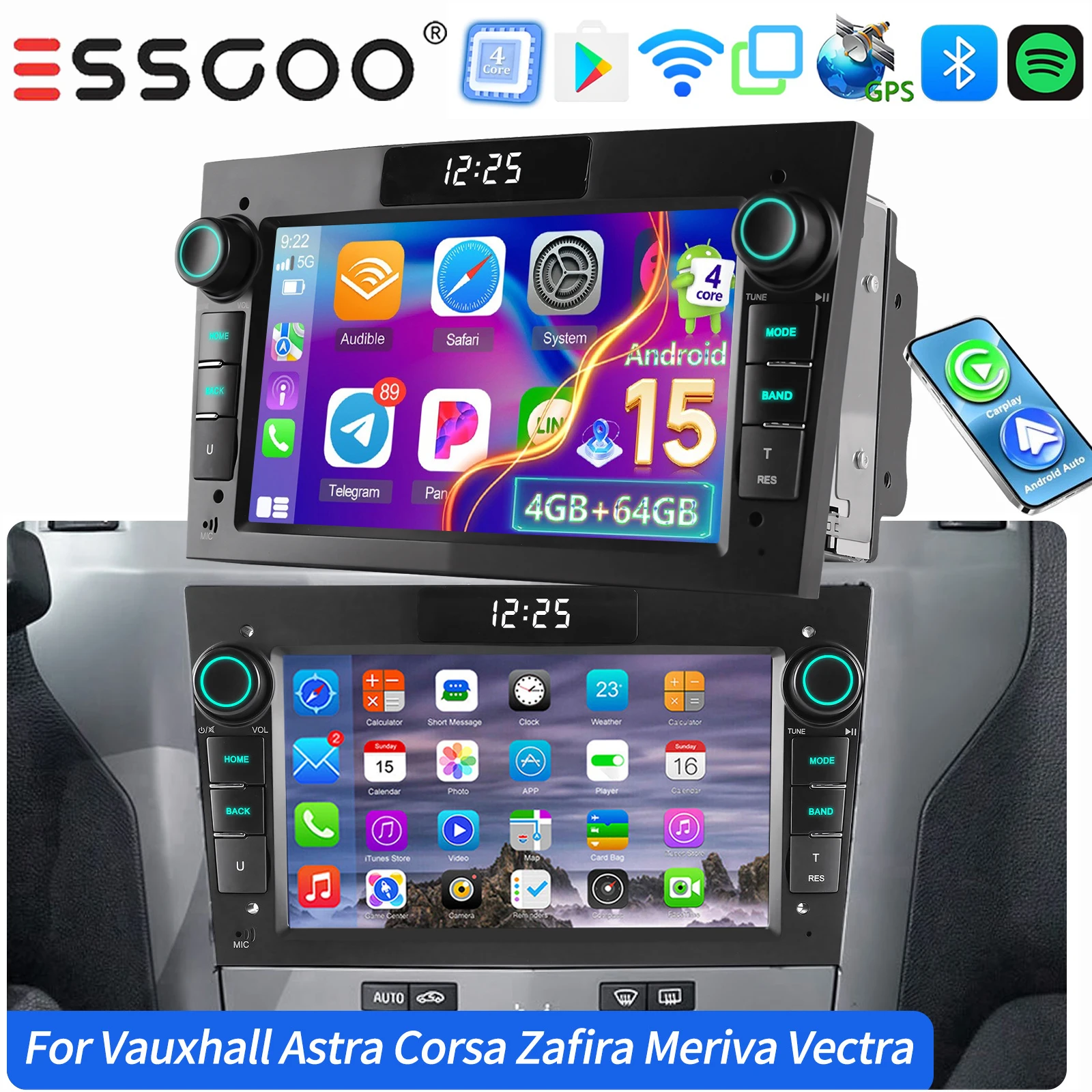ESSGOO Voor Opel Astra H Corsa C D Vectra C Zafira B Signum Combo 7 "Android 15 GPS NAVI autoradio Carplay Android Auto BT wifi