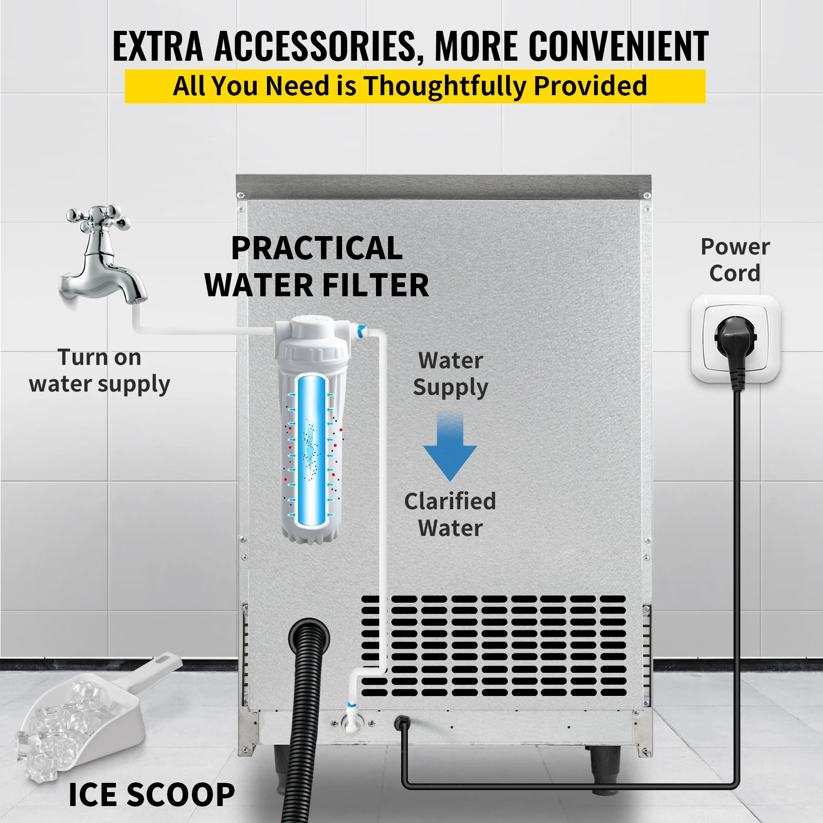 VEVOR-máquina de hielo de cubo comercial con bomba de drenaje de agua, 120/145/200 KG/24H, congelador líquido de limpieza automática independiente, generador de hielo