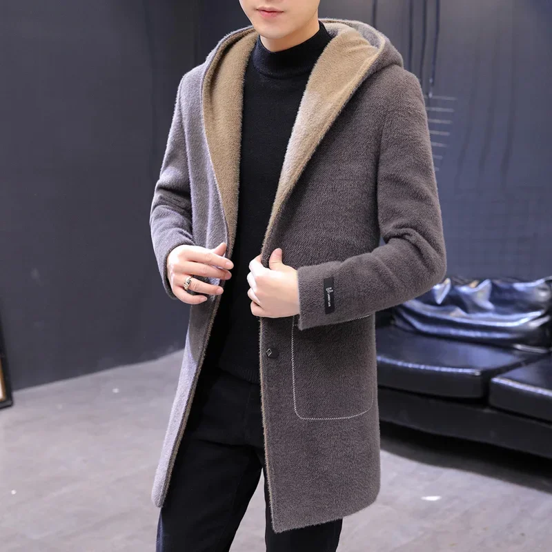 

Winter Coat for Men Golden Sable Fluff Coat with Hood Medium Length and Fleece Thickened Woolen Jacket for Men Polyester