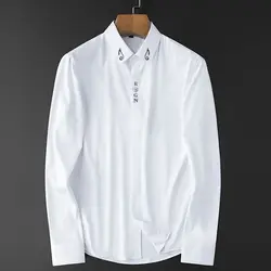 2024 New Spring and Autumn High End Simple Fashion Trend Casual Thin Fit Flip Collar Embroidered Long Sleeved Shirt for Men