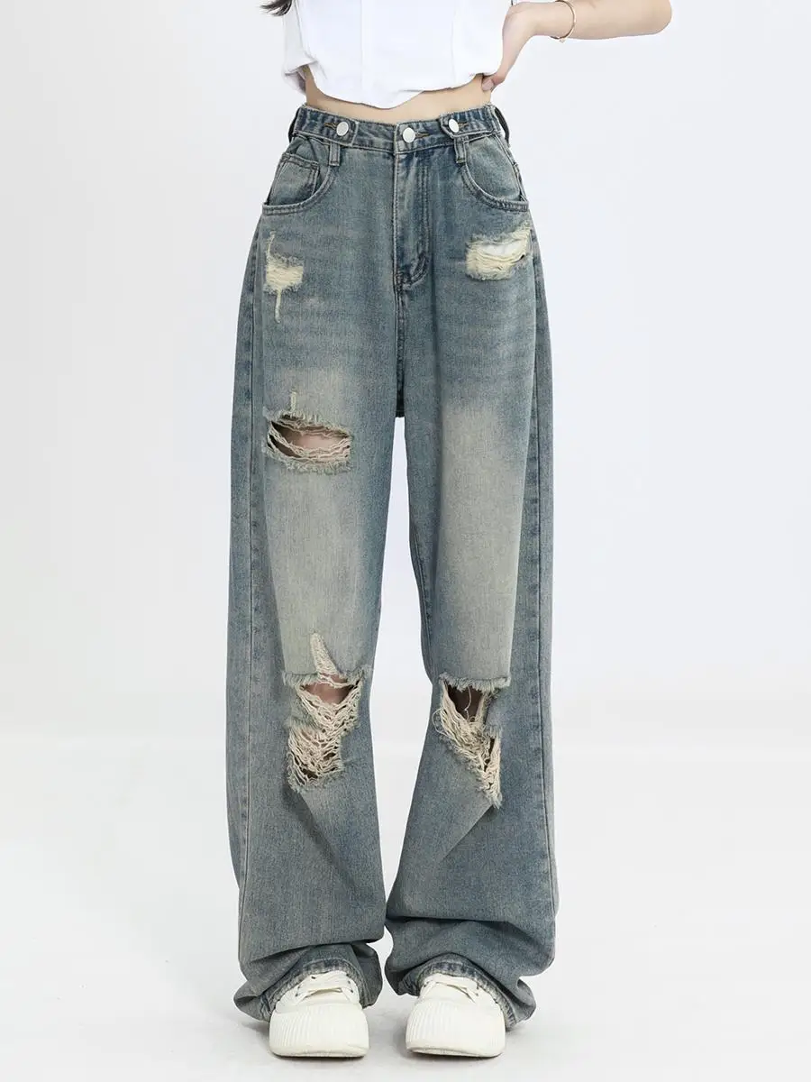 

Distressed jeans for women's summer American retro loose fitting high waisted wide leg washed straight leg mop pants