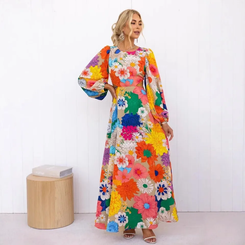 Robe imprimée à la mode pour nouvel an, automne et hiver, col rond, manches lanternes, taille, 132