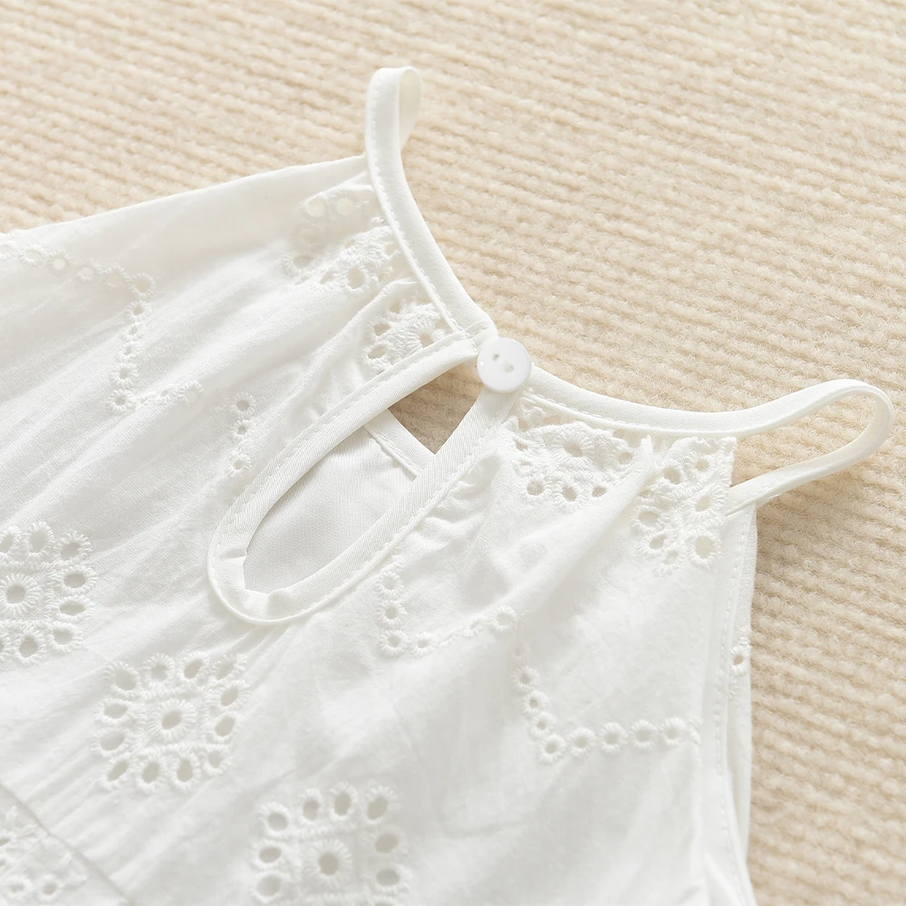 Sommer Einfarbig Casual Mädchen Kleid 2-7 Jahre Alt Weiß Mittellanges Hosenträgerkleid Baumwolle Tragen Einfarbige Kinderkleidung – Detail 8