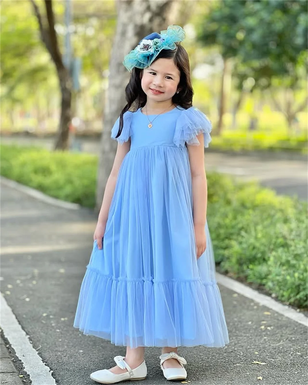 Sukienki dla dziewczynek na wesele, na przyjęcie, z tiulu, proste, warstwowe, z dzwonkowymi rękawami, w kształcie litery A, długie, na urodziny, spotkanie rodzinne, suknia wieczorowa.