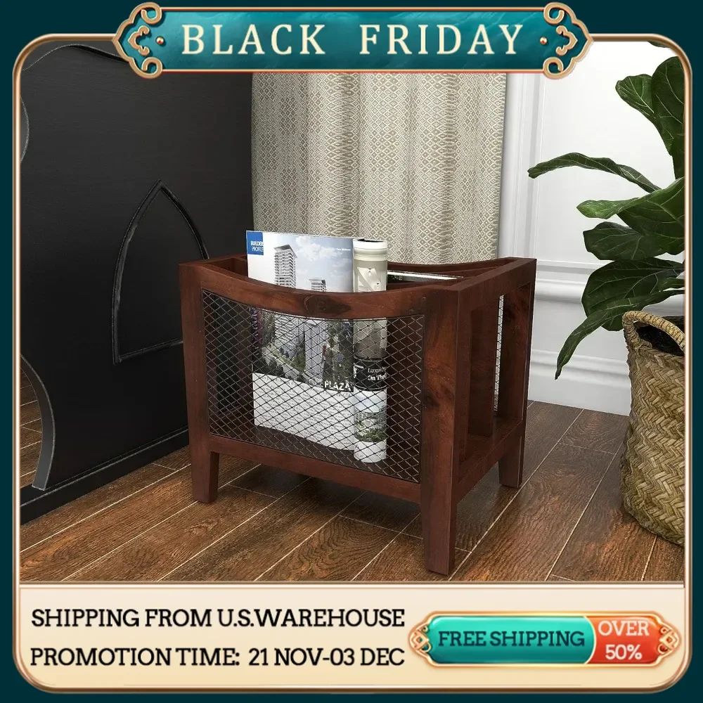 Magazine Rack, This freestanding magazine organizer has a polished dark brown wood frame and black shoestring mesh