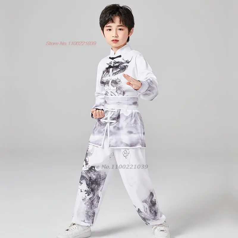 

2024 chinese traditional costume children dragon print wushu suit kung fu tai chi uniform martial arts performance exercise set