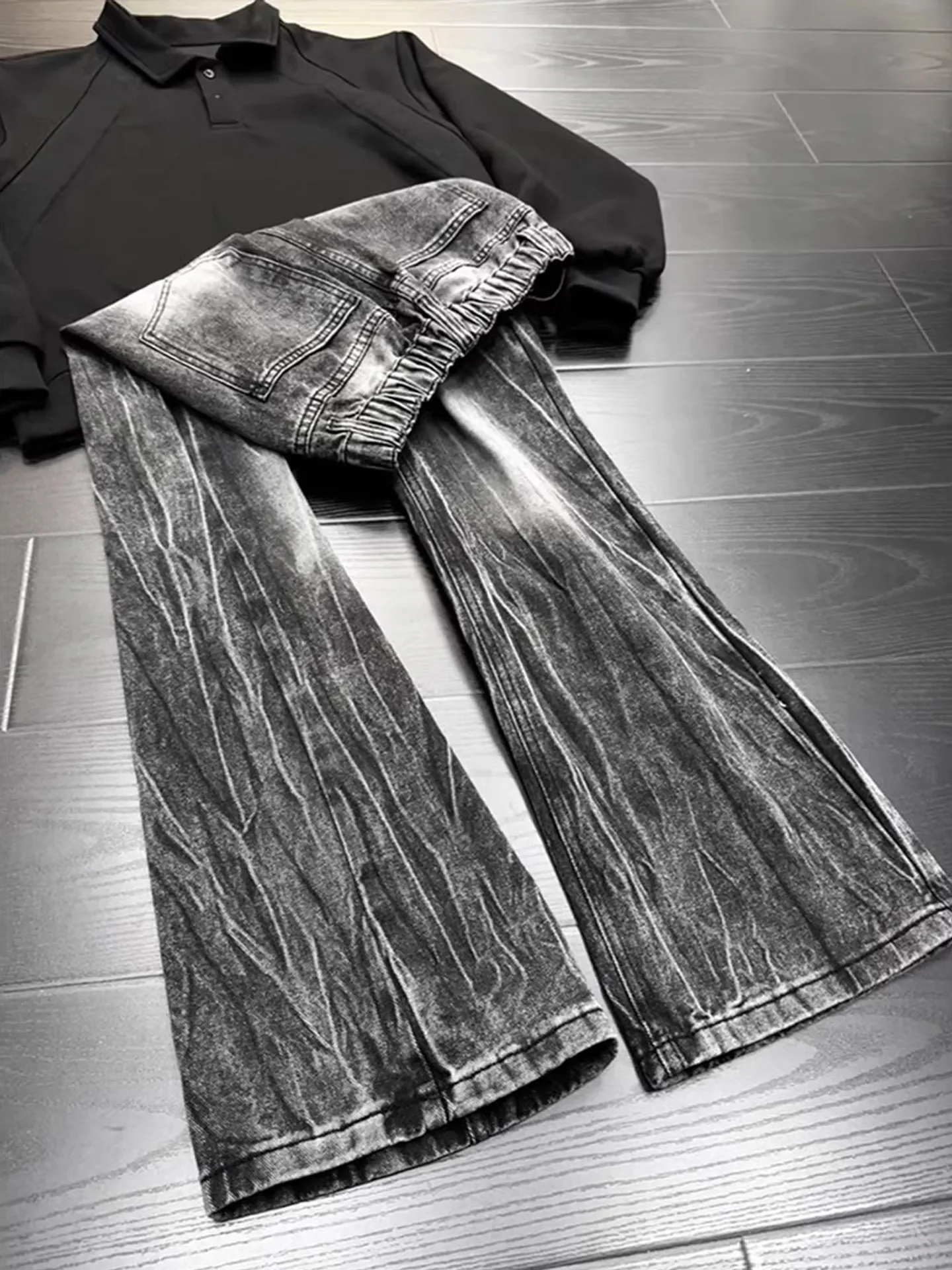 American High Street Lightning Pattern Jeans Men's Autumn Trendy Brand Washed Old Style Slim Straight Leg Micro Flared Pants