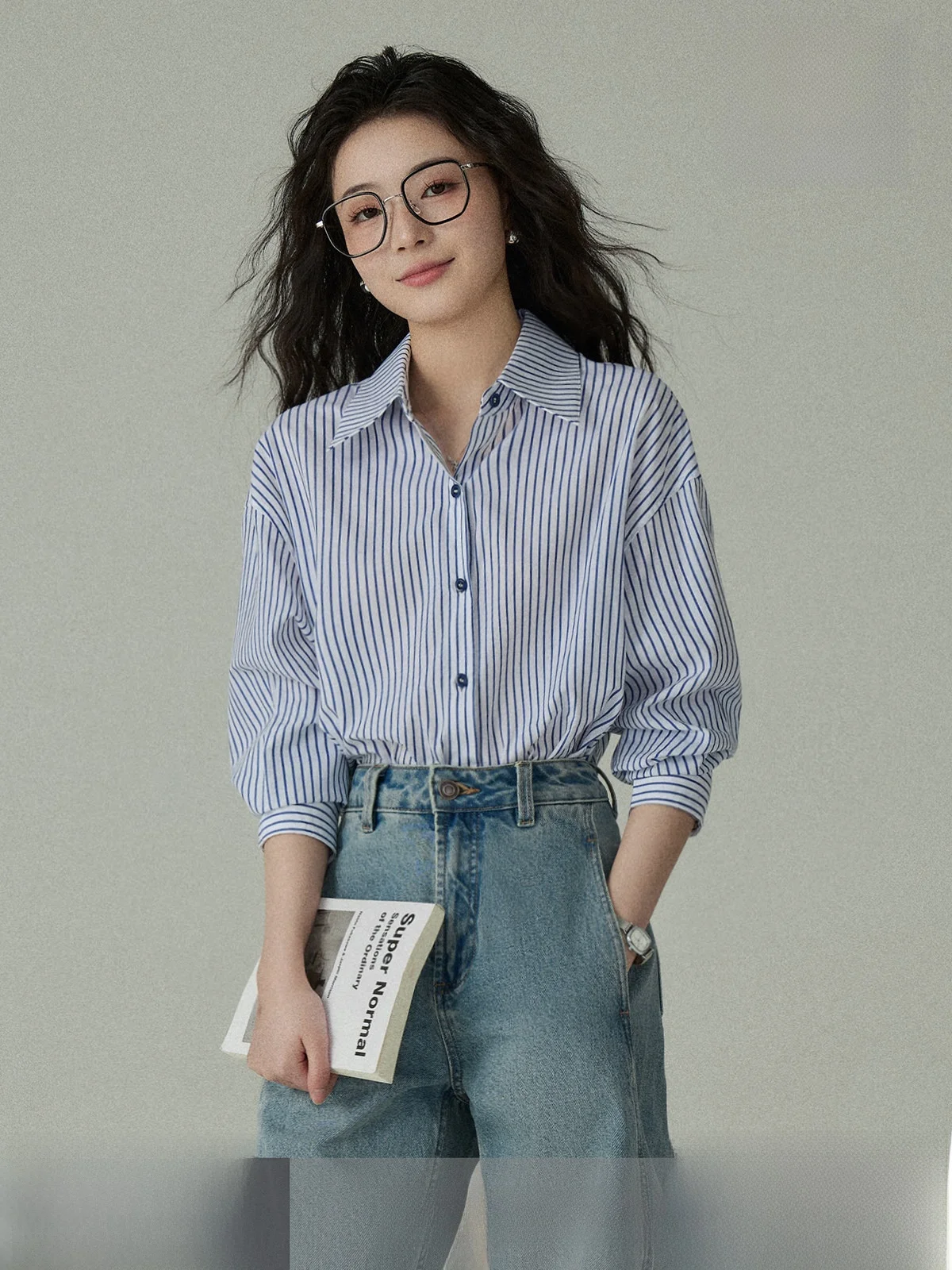 

Aoka Home Artistic Senior College Sle Loose Striped irt Women's Ele Layering Commute irt Cotton Lyocell Fiber