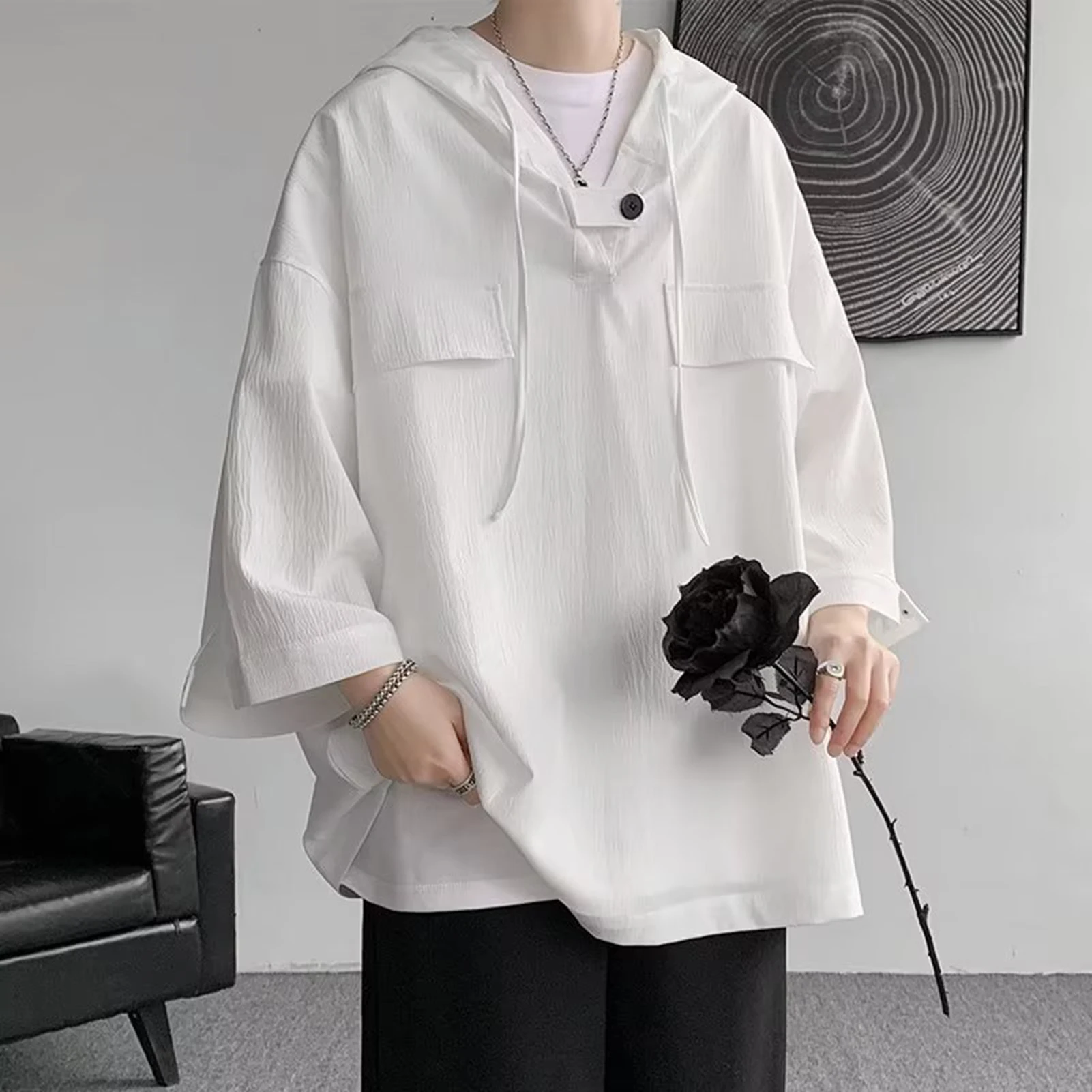 Summer Hooded T shirt Men Korean Half Sleeve Pullover Streetwear Loose T-shirt Tops Drawstring Men Clothing