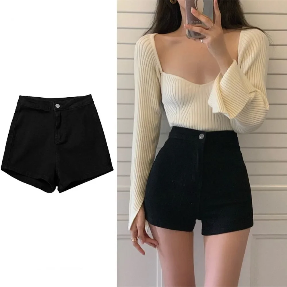 Pantaloncini di jeans aderenti da donna Pantaloni caldi alla moda retrò a vita alta elasticizzati slim fit estivi