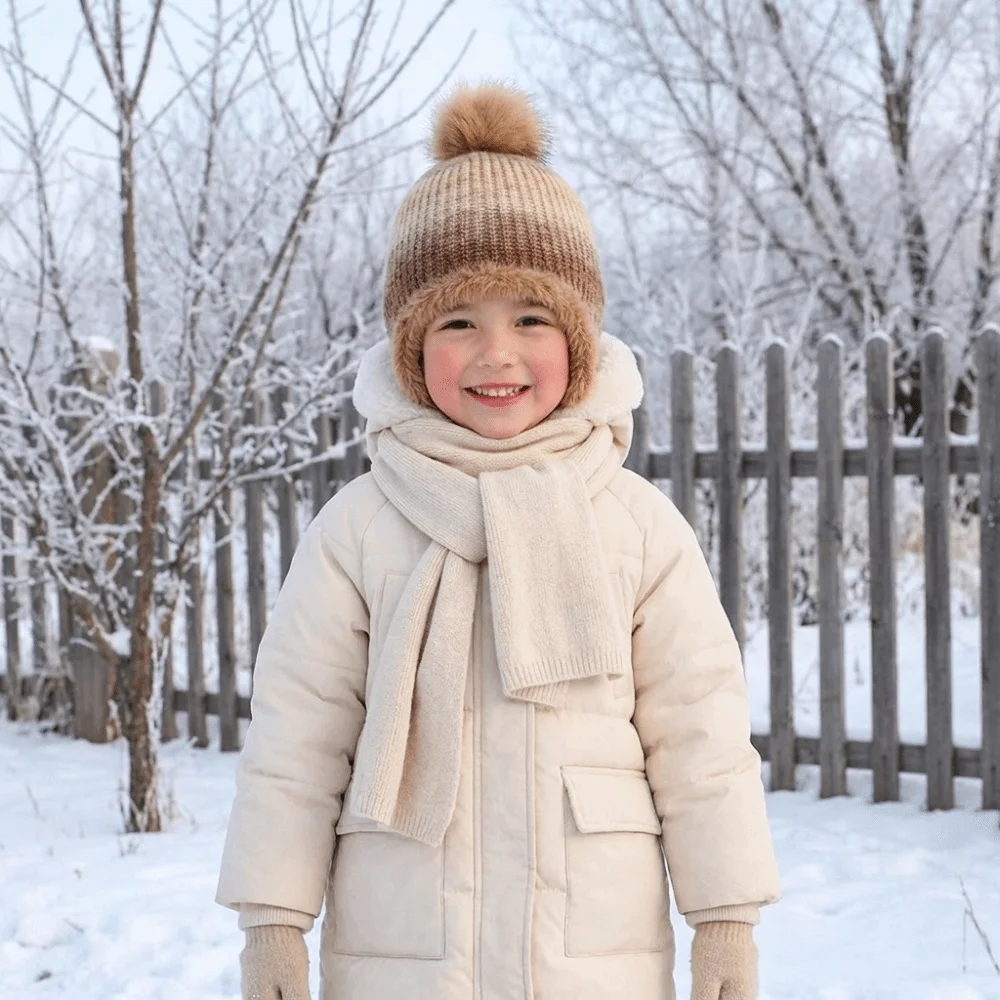 Fashion Multicolor Kids Knitted Hat Hairball Fleece Lining Knitted Bucket Hat Pompom Windproof Ear Protection Hat Cycling