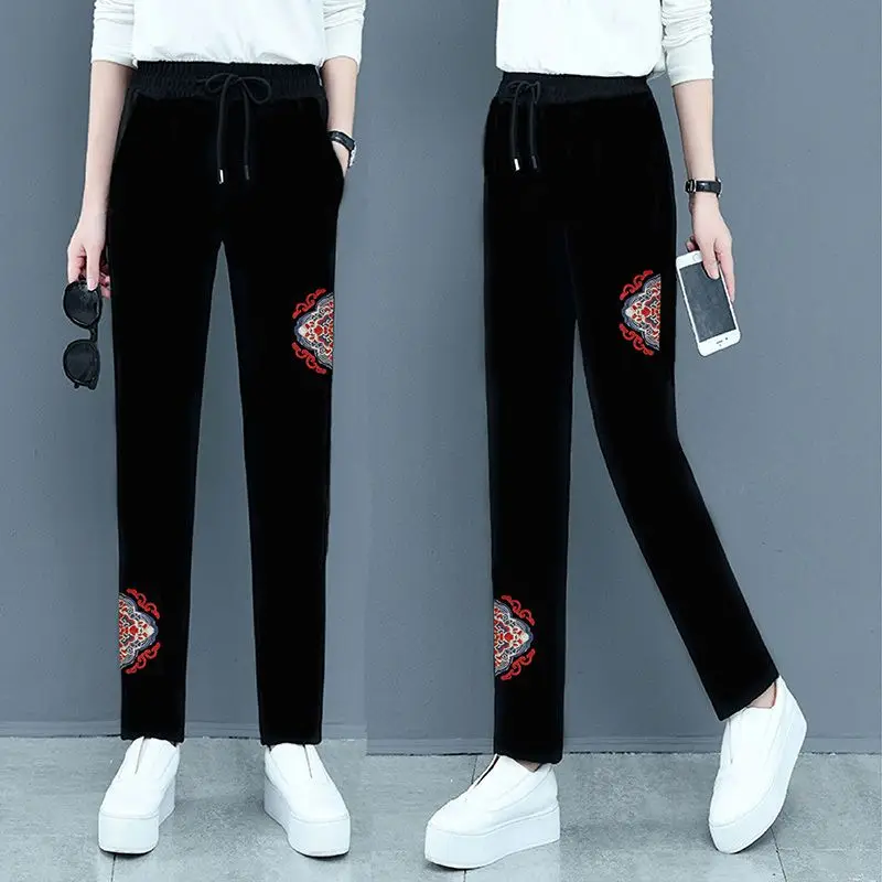 Chinese Style Embroidered Cropped Pants For Women Thin High Waisted Trousers 2024 Spring Summer Vintage Straight Pants 5XL 6XL