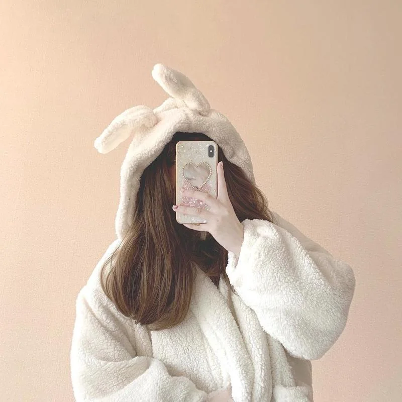 Rabbit Ears Plush Faux Cashmere Coat Plus Velvet Padded Women\'s Zipper Autumn Winter Jacket 2023 Harajuku Kawaii Soft Hoodies