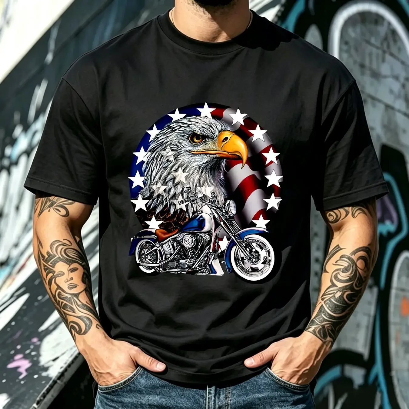 washed T Shirt Red White and Bold Motorcycle American Flag Bald Eagle Mens Patriotic USA long or short sleeves vintage Washed