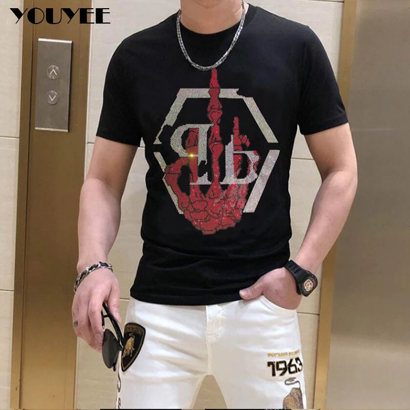 

Men's T-shirt Skull Rhinestone Street Wear Cotton Loose Size Hip Hop Style Tees 2023 Summer New Trend Homme Causal Clothing 5XL