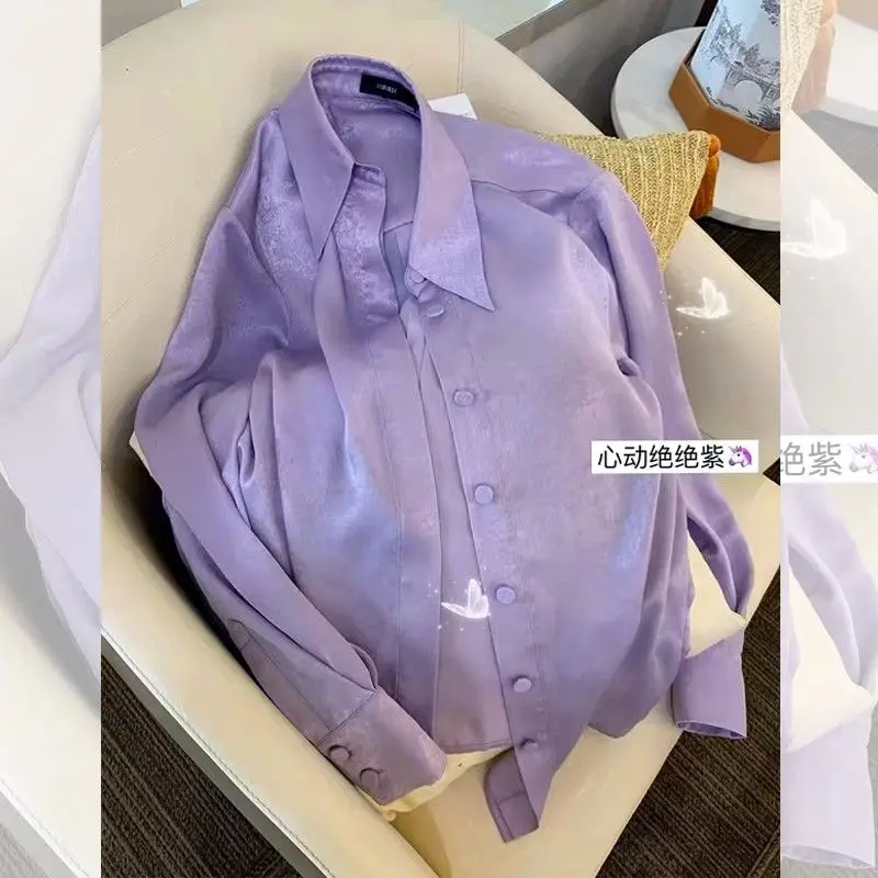 Senior Purple Satin Surface Puff Sleeve Shirt Women Spring Fashion Long Sleeved All-match Lapel Collar Comfortable POLO Shirt