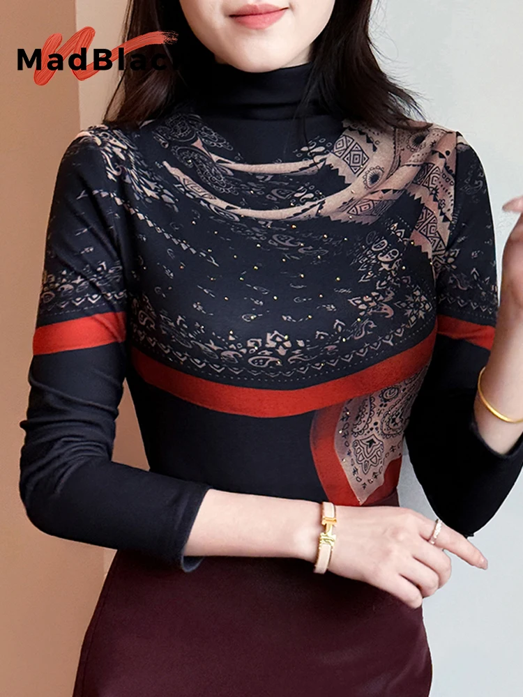 

MadBlack-Женская европейская футболка, сексуальный принт с воротником-стойкой, модная тонкая трикотажная футболка с длинными рукавами S-3XL, новинка зимы 2025 года T5N704CC