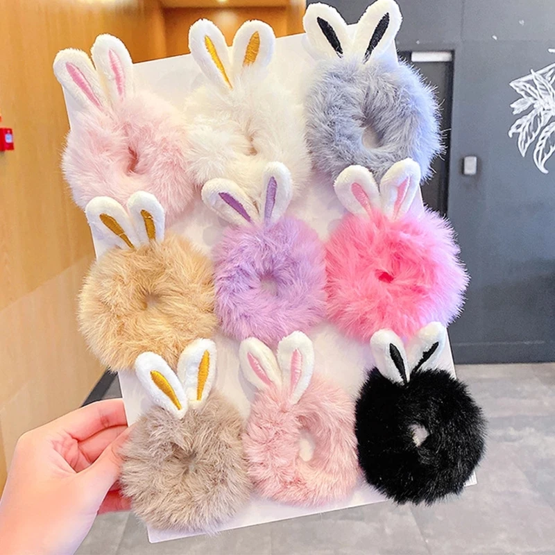 Mädchen Süße Nachahmung Kaninchen Pelz Kaninchen Ohren Elastische Haar Bands Frauen Pelz Flauschigen Haar Ringe Plüsch Scrunchies Haar Zubehör – Detail 3