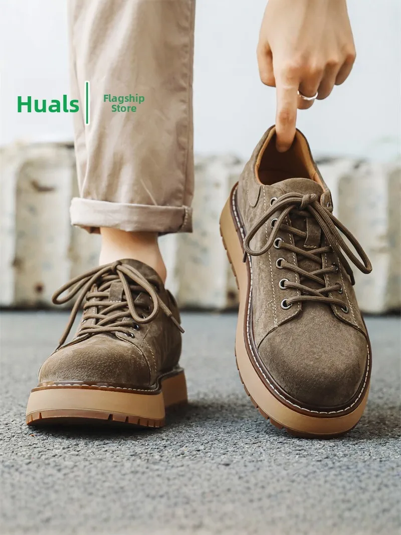 Men's Retro British Style Fleece Lined Shoes Anti-Slip Sporty Thick Heel Heightening Large Head Trendy Shoes for Youth