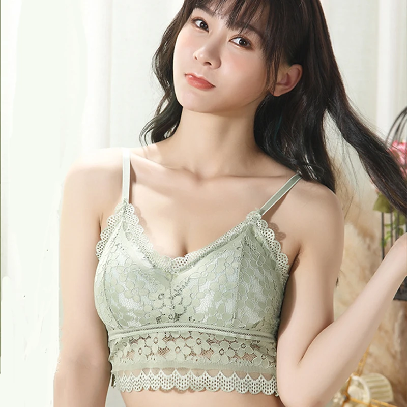 女性用ワイヤレス刺繍レースブラ,アイスシルクスリング,美しいバックトップ,取り外し可能な胸パッド,セクシーな下着