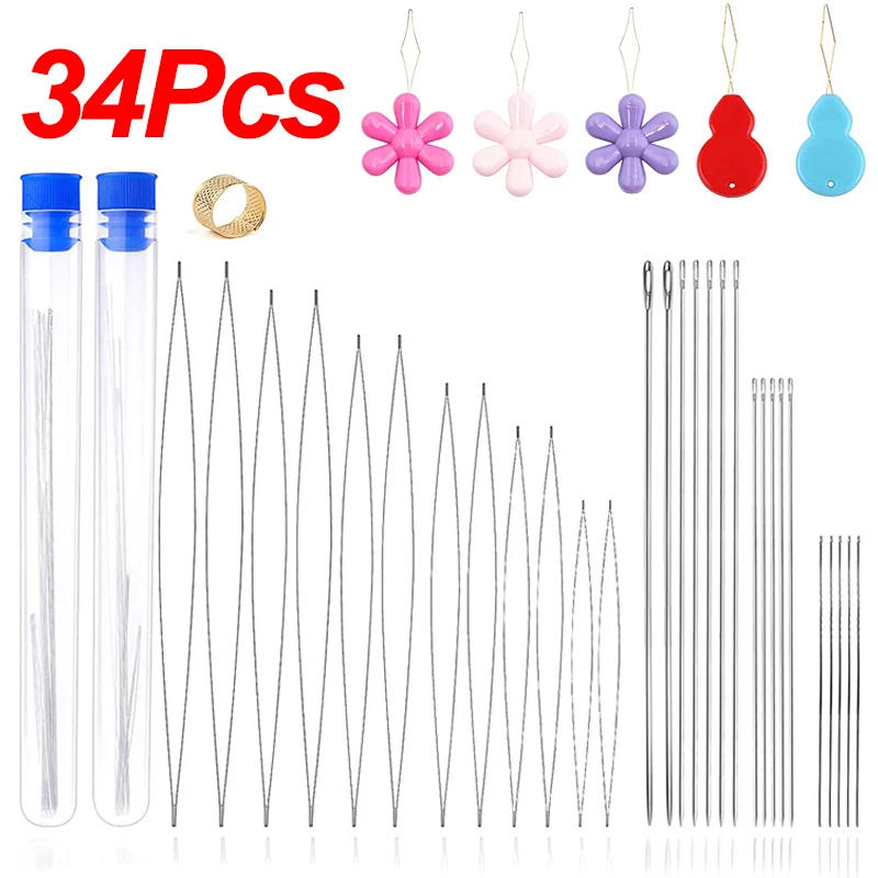 7/34Pcs Beading Needles with Central Thimble Stainless Steel Jewelry Making Big Eye Beading Needle Straight Embroidery Needle